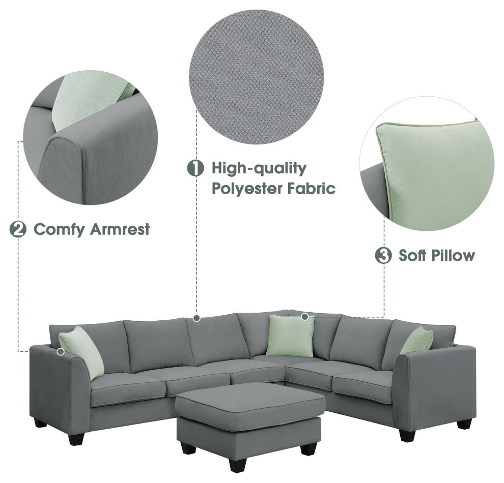 7-Seat Fabric Modular Sectional Sofa Couch Set with Ottoman and Pillows, Grey