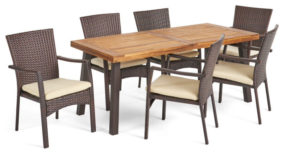 GDF Studio Castlelake Outdoor 7-Piece Dining Set with Acacia Wood Table