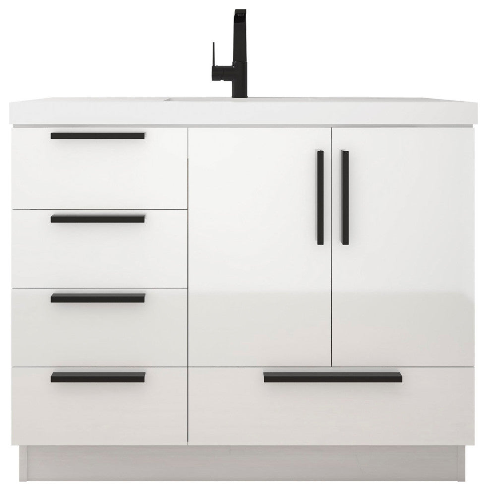 Carla 42" Freestanding Bathroom Vanity With Left Side Drawers, Gloss White
