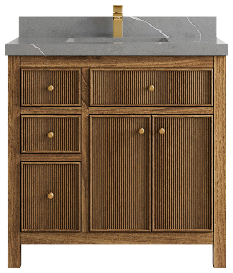 Sonoma Teak 36 Center Sink Vanity in Dark Natural with 2" Piatra Gray Quartz
