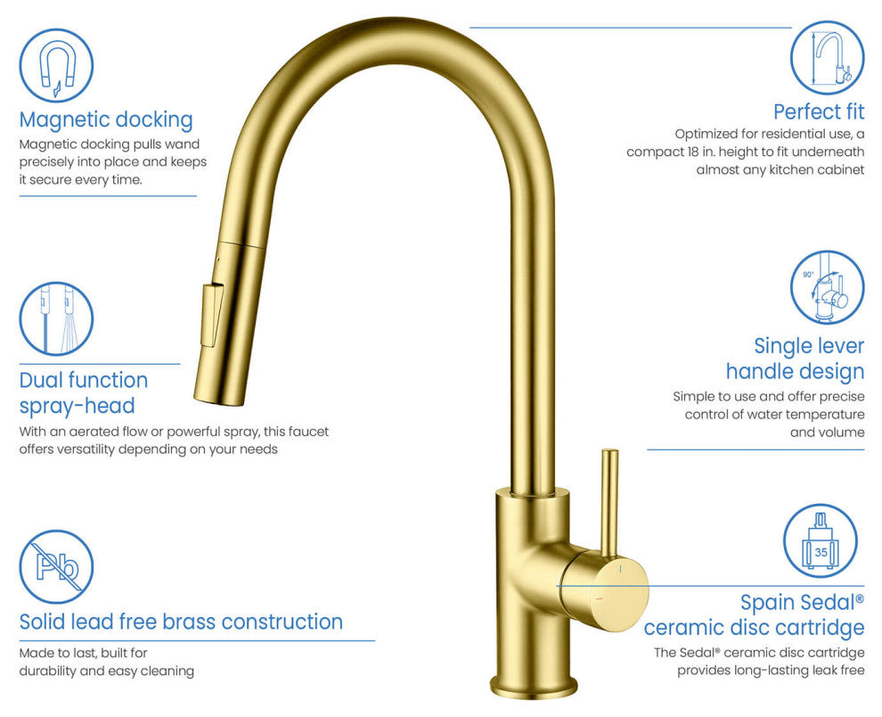 Circular Single Handle Pull Down Kitchen Faucet, Brushed Gold