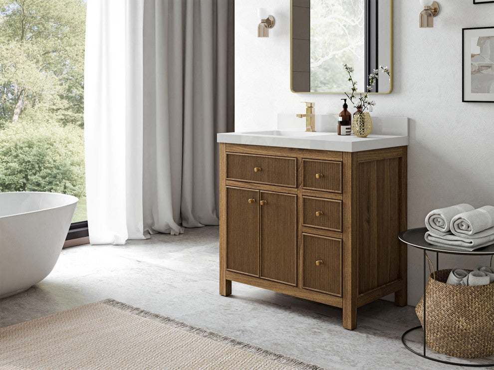 Sonoma Teak 36 Left Offset Bath Vanity in Dark Natural with 2" Calacatta Laza