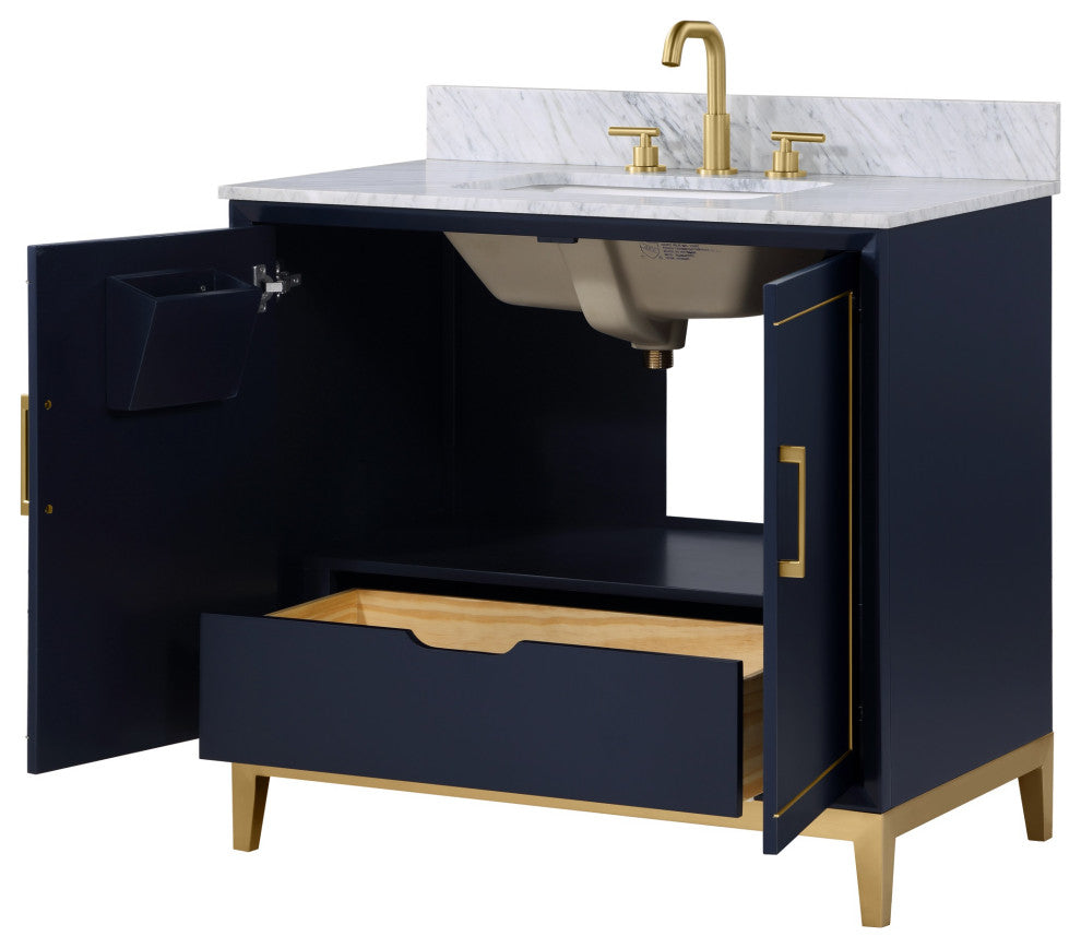 Gracie Bathroom Vanity, Pacific Blue With Carrara Marble, 36"