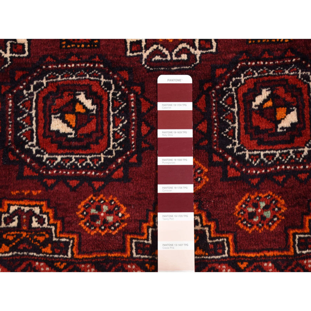 Red Vintage Tourkaman Bokara Pure Wool Hand Knotted Runner Rug 3'4" x 5'10"