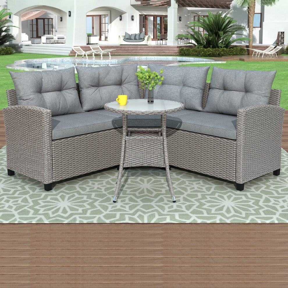 4 Pieces Outdoor Rattan Patio Sectional Sofa Set With Round Table