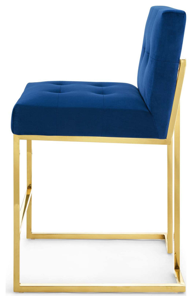 Counter Stool Chair, Velvet, Metal, Gold Blue Navy, Modern, Bar Pub Cafe Bistro