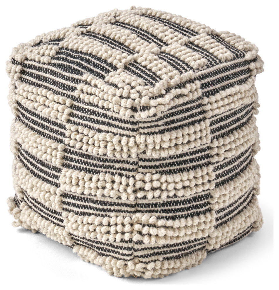 Tess Contemporary Wool and Cotton Pouf Ottoman, White + Black