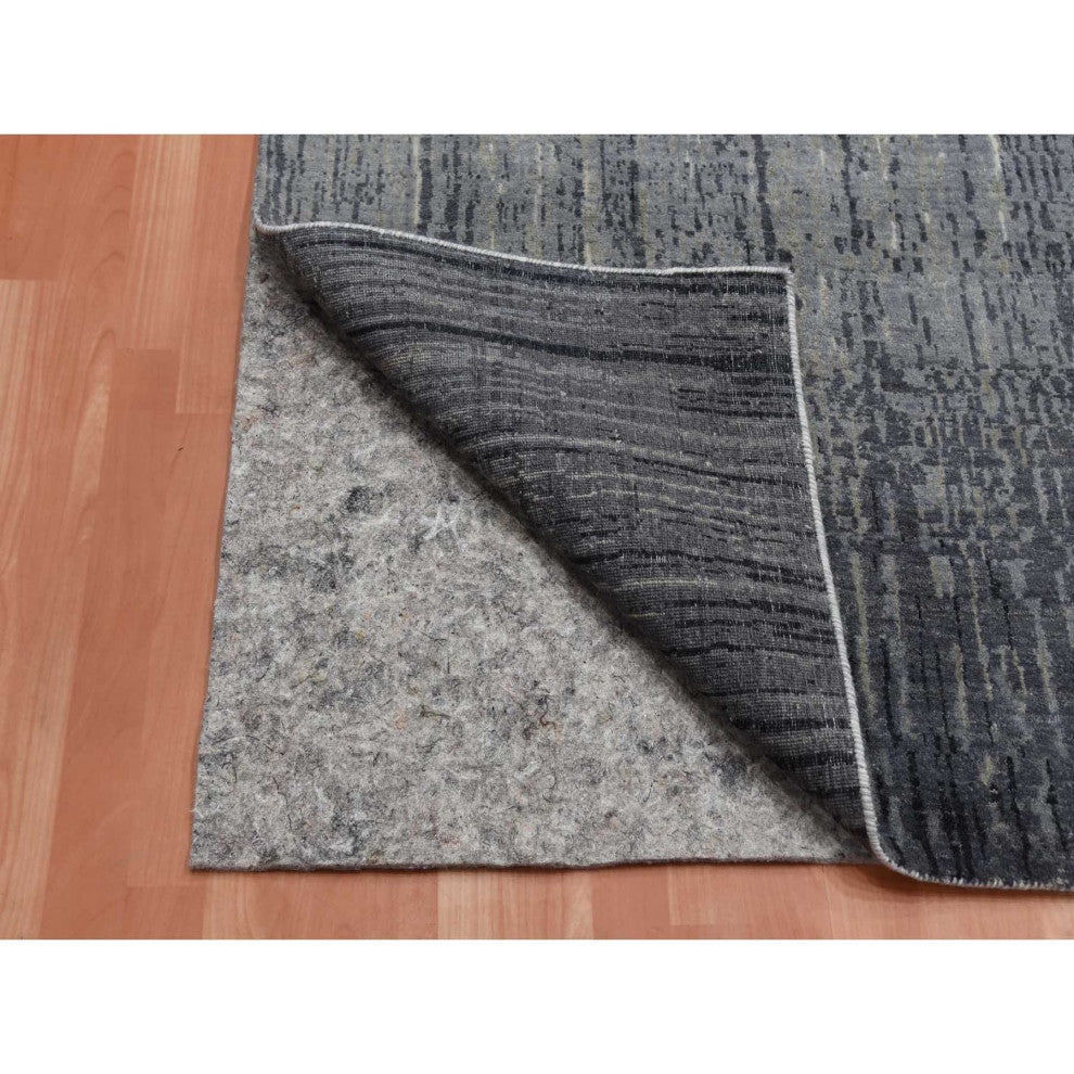 Blue, Pure Wool Hand Knotted, Modern Ombre Design Wide Runner Rug, 6'1"x12'1"