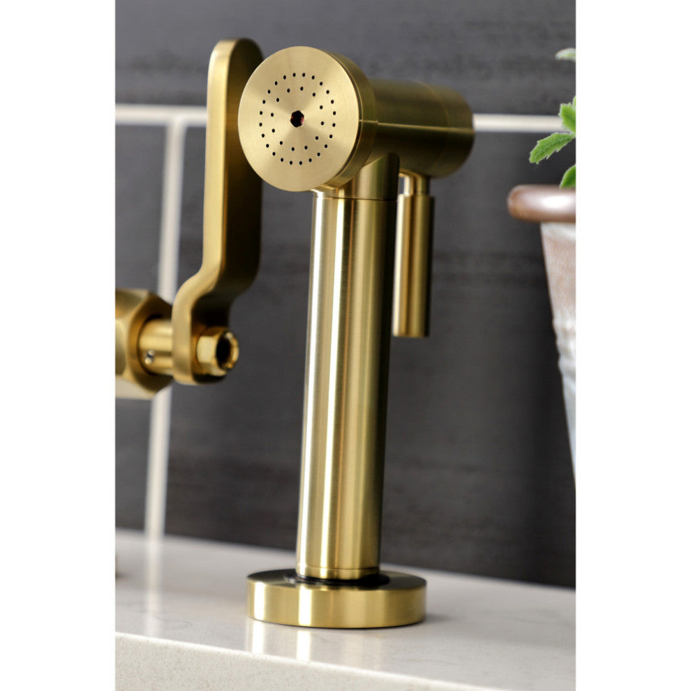KS2337KL Industrial Style Bridge Kitchen Faucet and Brass Sprayer, Brushed Brass