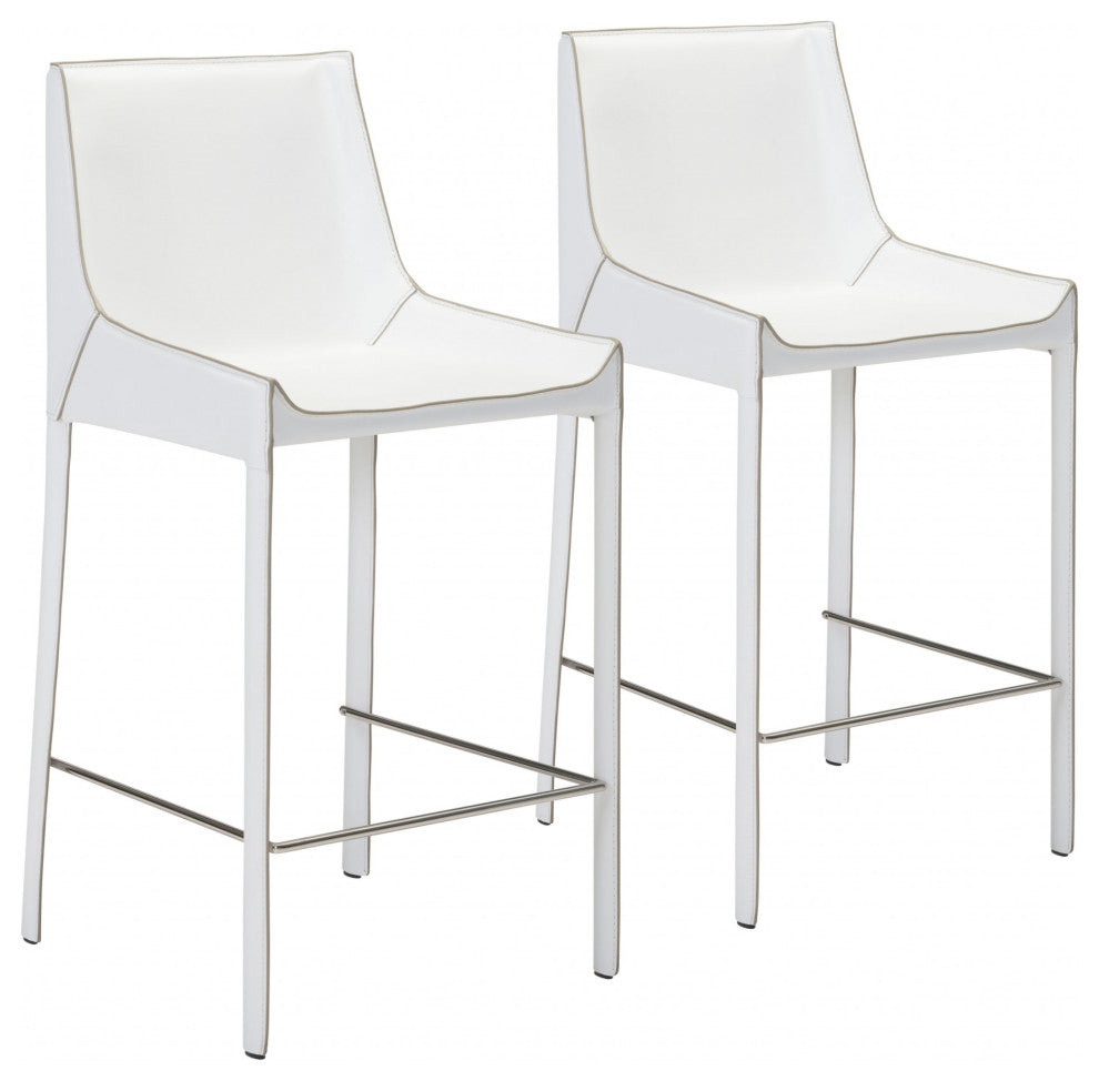 Set of Two White Leather Bar Chairs