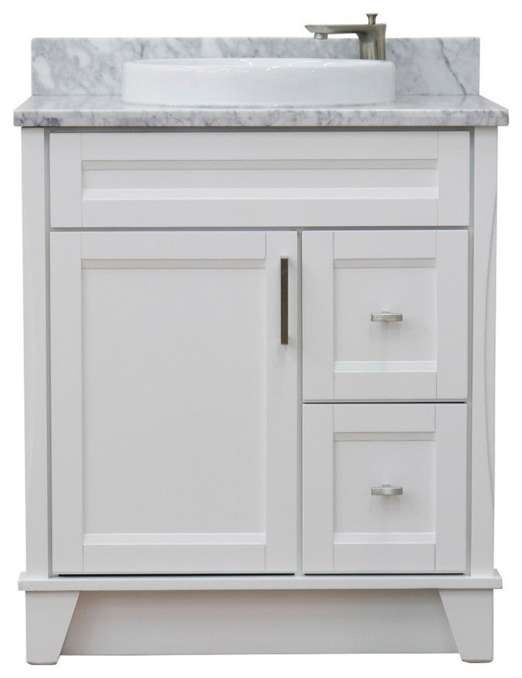 31" Single Sink Vanity, White Finish With White Carrara Marble With Round Sink