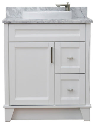 31" Single Sink Vanity, White Finish With White Carrara Marble With Round Sink