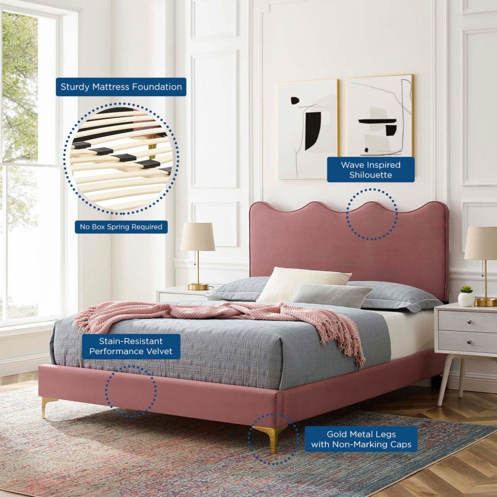 Platform Bed Frame, Queen Size, Pink, Velvet, Modern, Bedroom Guest Suite
