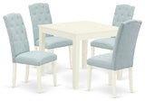 5Pc Dining Set, Square Table, Four Parson Chairs, Baby Blue Fabric, Linen White
