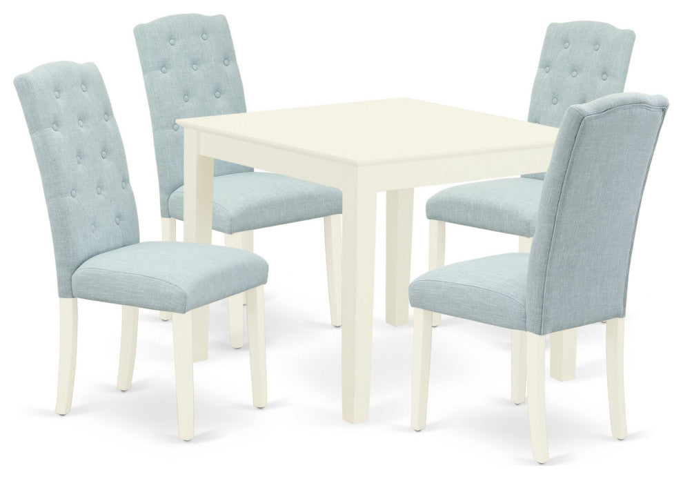 5Pc Dining Set, Square Table, Four Parson Chairs, Baby Blue Fabric, Linen White