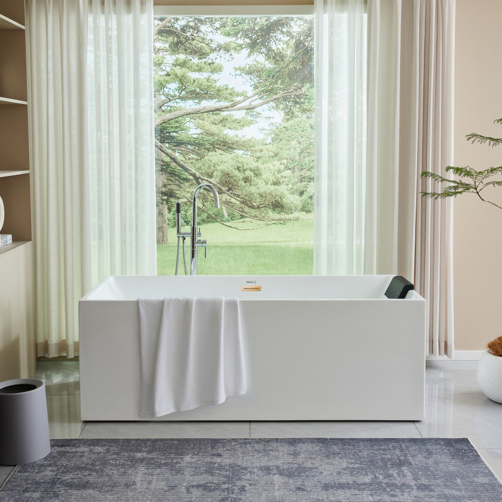 Freestanding Acrylic Bathtub, White/Titanium Gold
