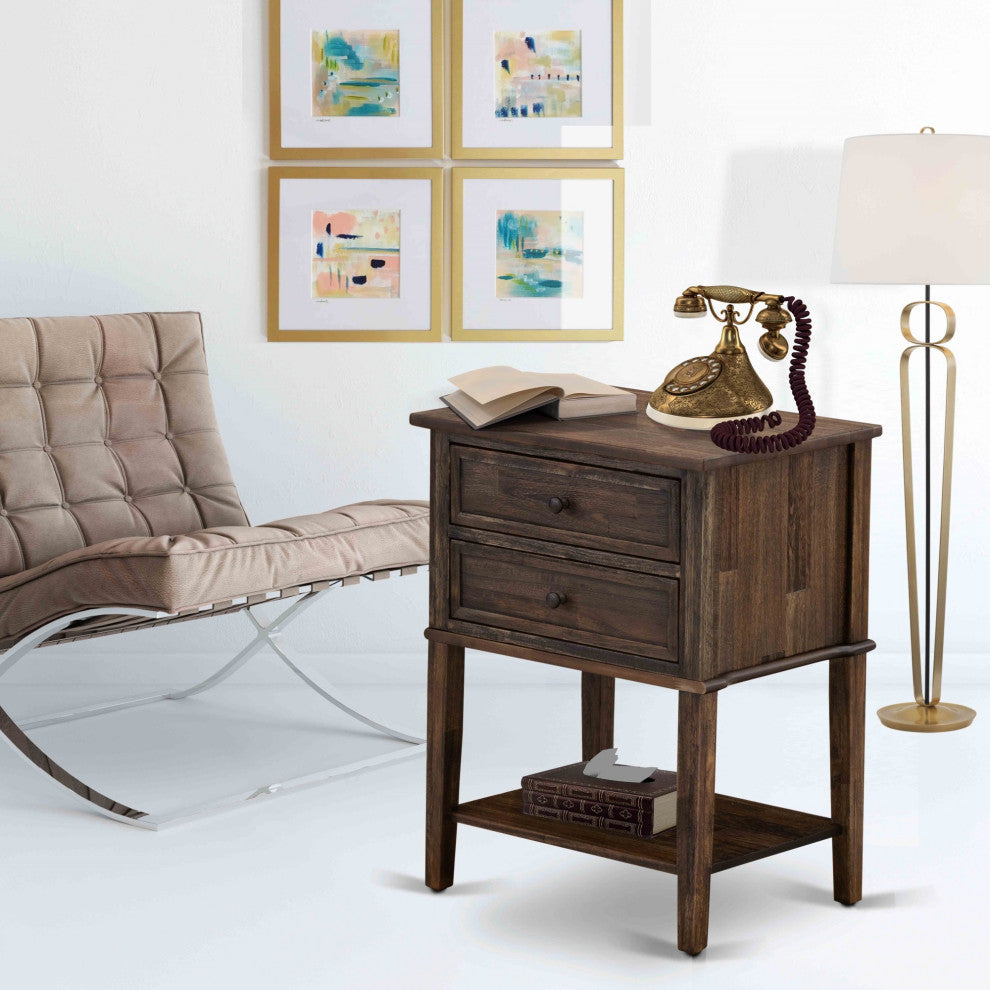 Side Table With 2 Wood Drawers, Stable and Sturdy, Distressed Jacobean Finish