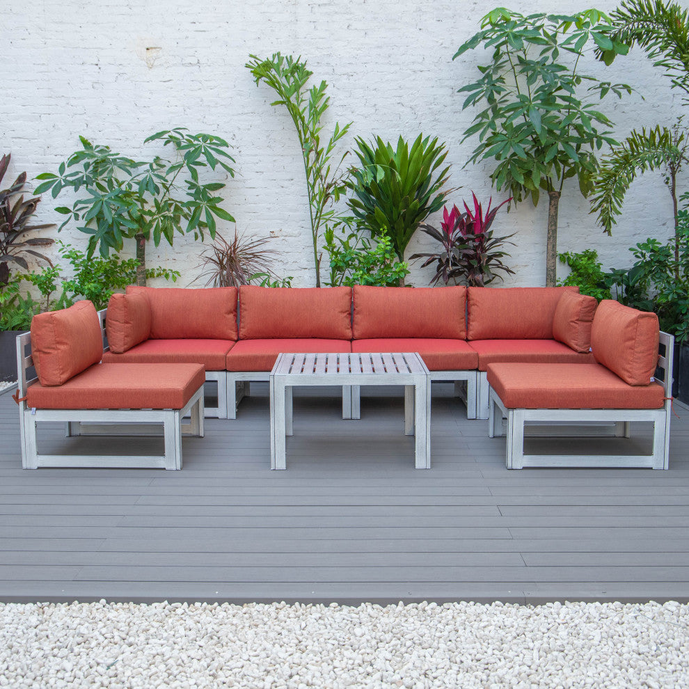 LeisureMod Chelsea 7-Piece Gray Patio Sectional With Coffee Table, Orange