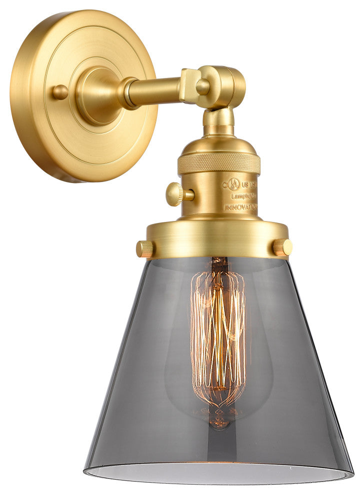 Cone Sconce With Switch, Satin Gold, Plated Smoke