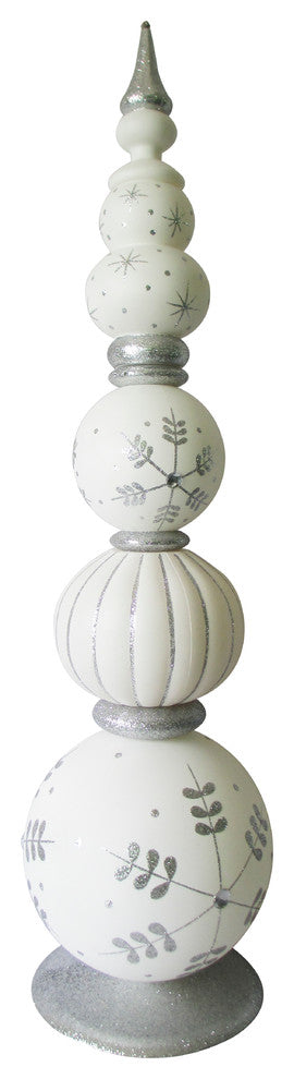 62" White Finial Tower With Silver Snowflake Design