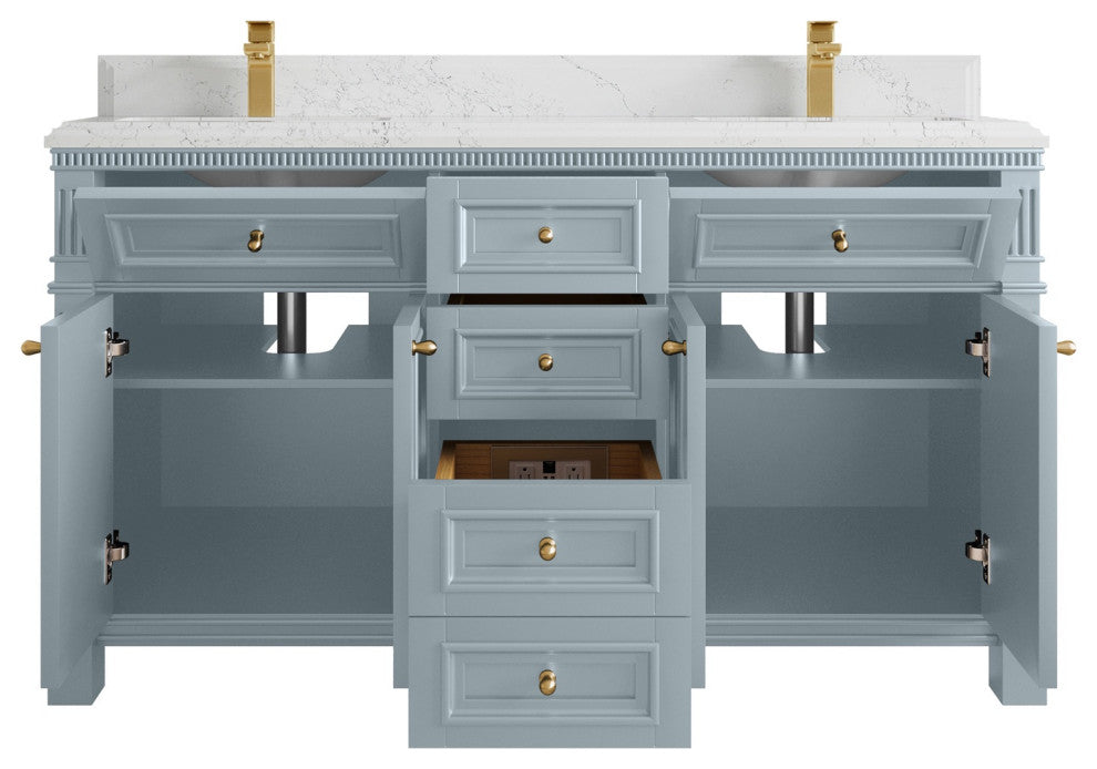 Paris 60" Double Sink Bathroom Vanity, Blue Heather 1.5" Empira Quartz