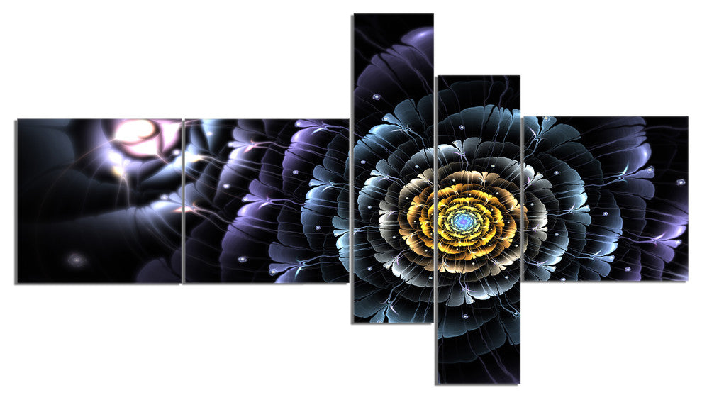 Dark Blue Fractal Flower in Dark, Floral Canvas Art print, 60"x32", 5 panels