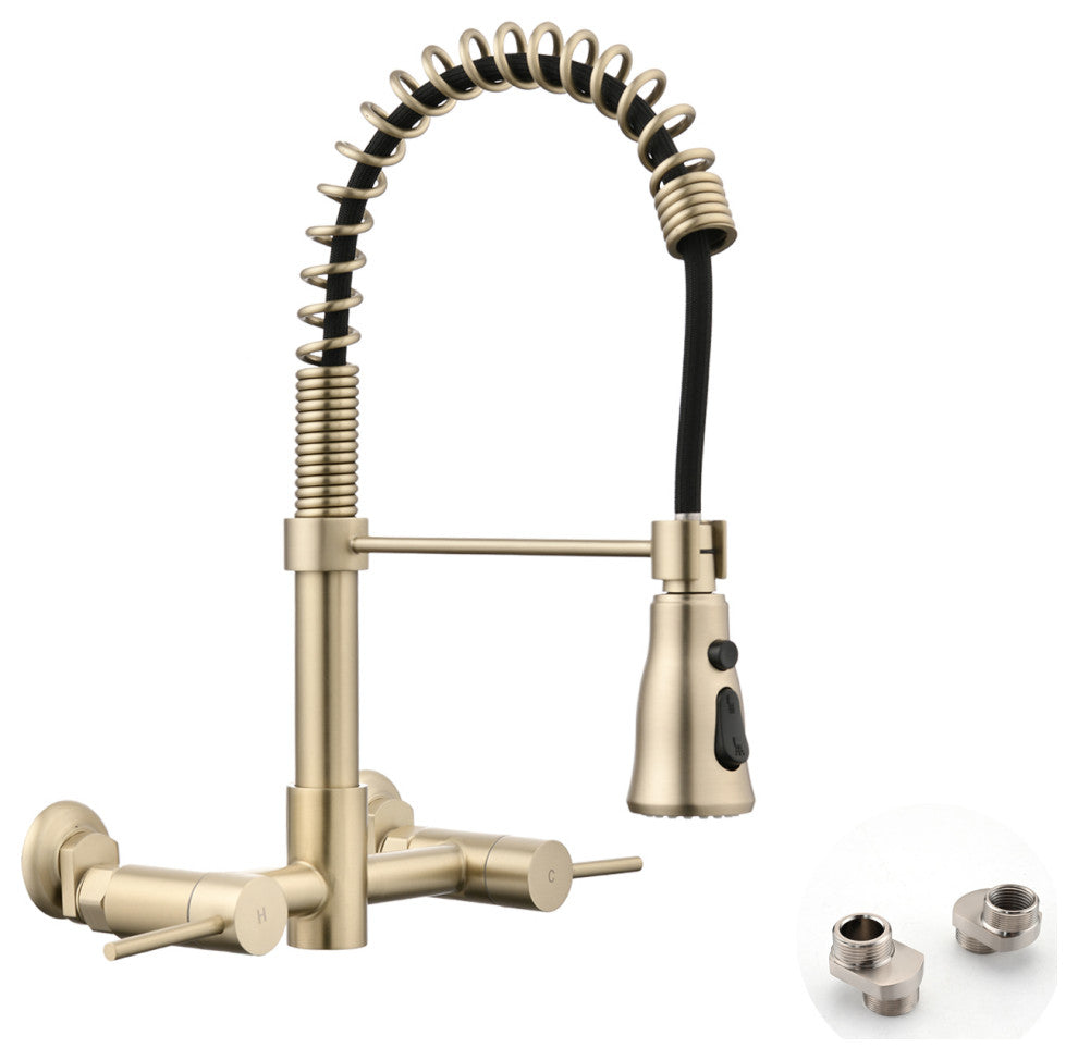 Wall Mounted Bridge Kitchen Faucet, Brushed Gold