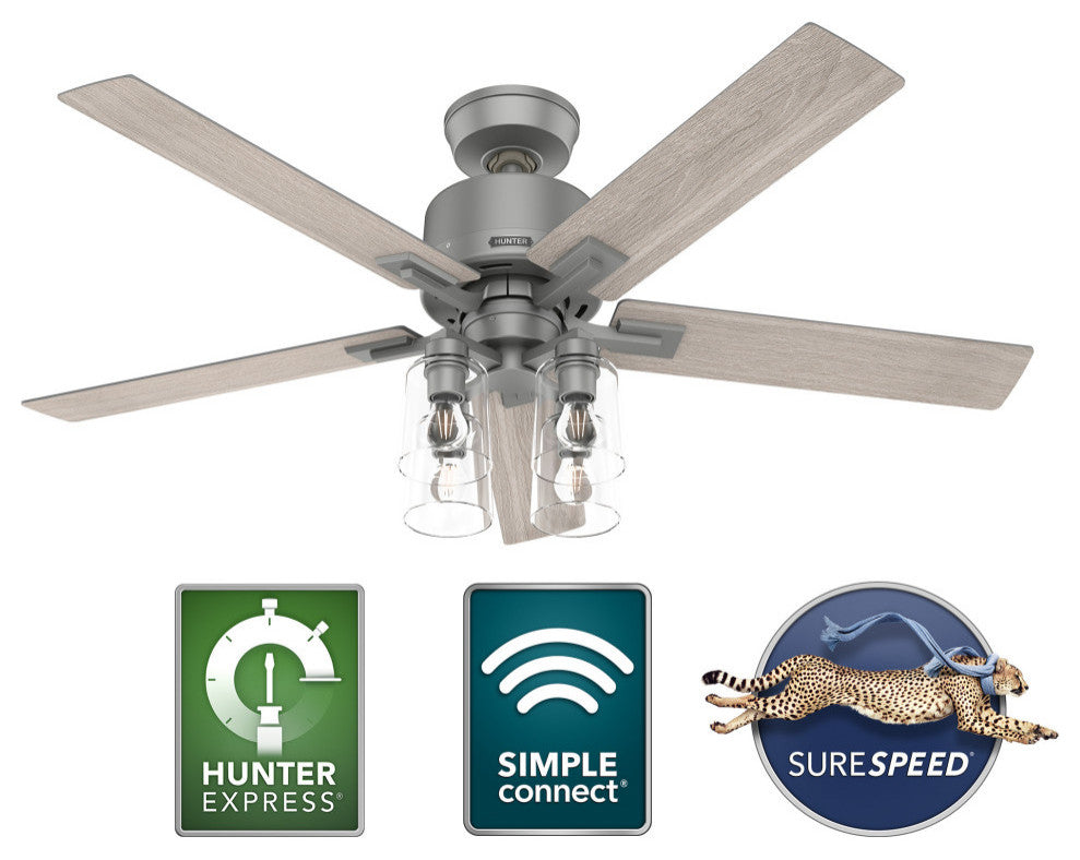 Hunter 52" WiFi Techne Ceiling Fan, LED Kit, Remote, Matte Silver
