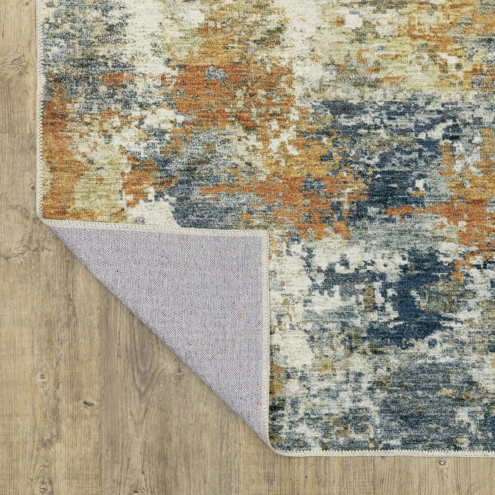 Michaela Machine Washable Abstract Orange/ Blue Area Rug, Orange, 2'x8'