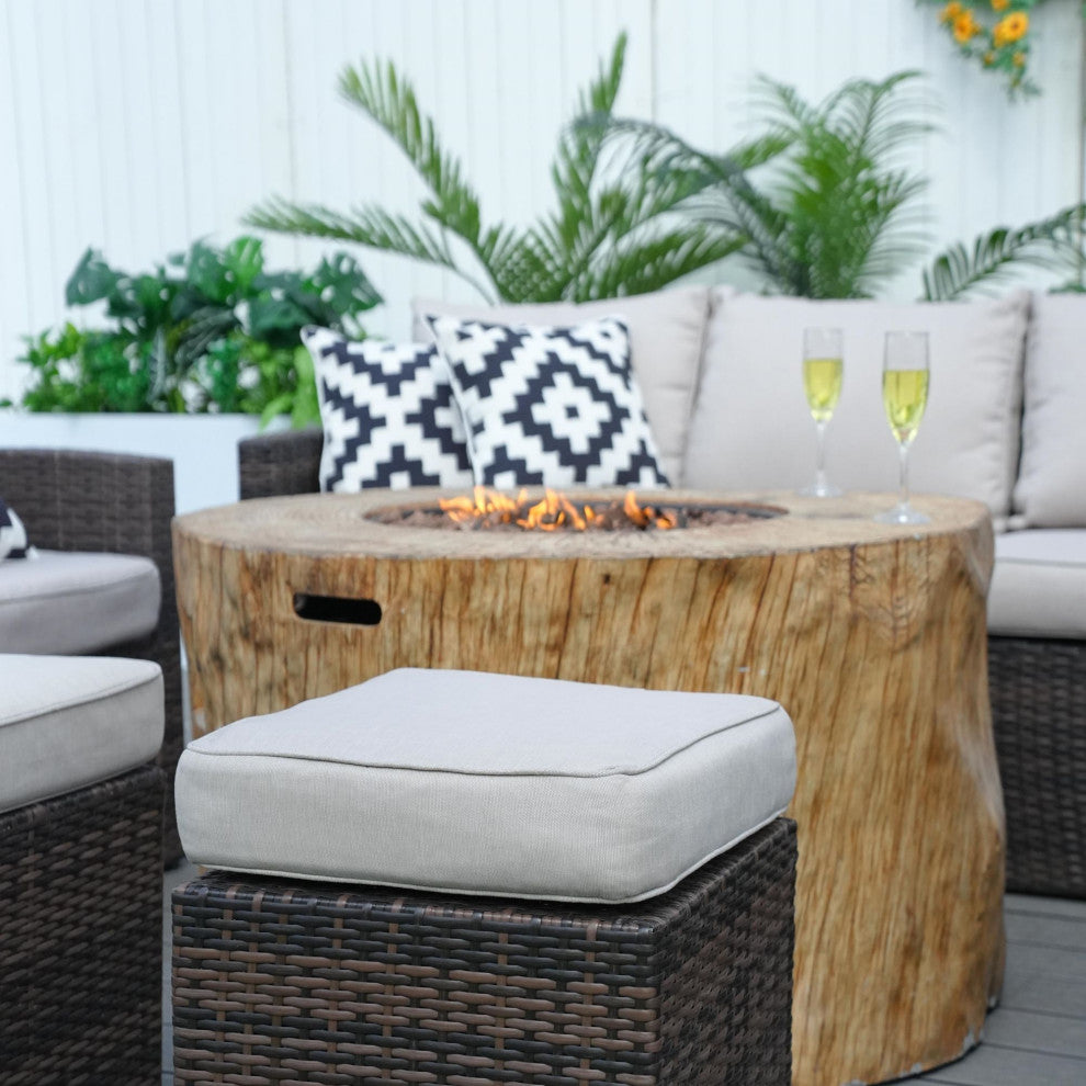 7-piece Patio Wicker Garden Chat Sofa Set with Fire pit and Storage Box, Round