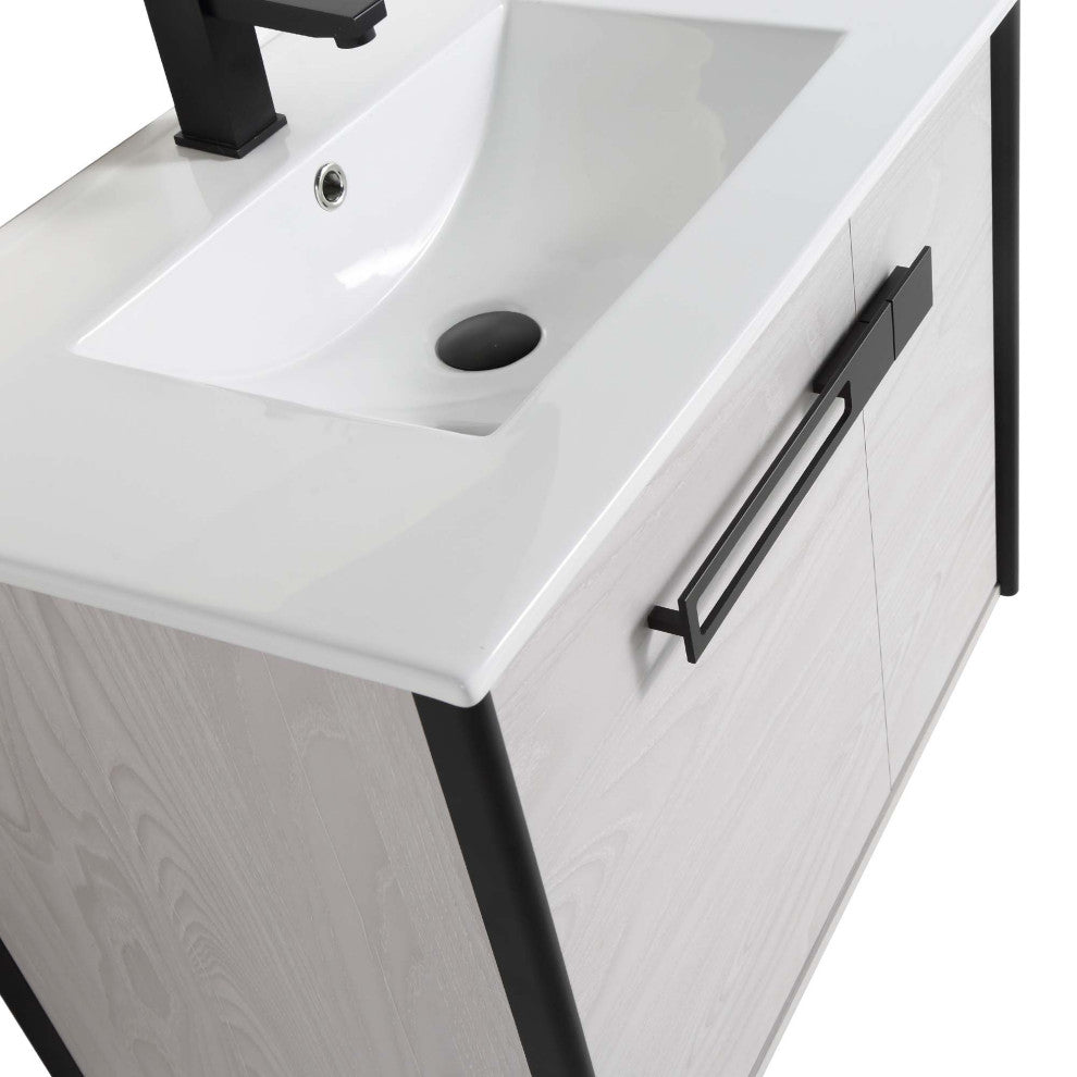 Oakville Wall Mount Bathroom Vanity, Mild Grey Oak, 30", Black Hardware