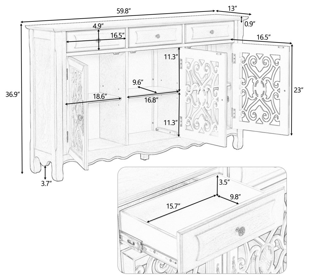 60-inch Wood Sideboard with Adjustable Shelves, Green, 60" X 13"