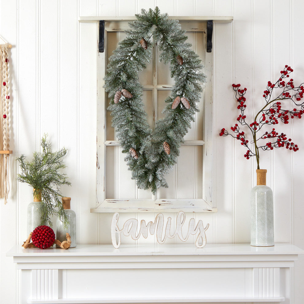 3' Holiday Xmas Geometric Diamond Frosted Wreath W/Pinecones & White LED Lights