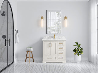 Boston 36" Center Sink Bath Vanity in Alabaster 2" Carrara Marble
