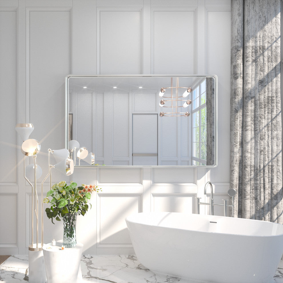 Metal Frame Decorative Rectangular Wall Mount Mirror, Sliver, 60"x36"