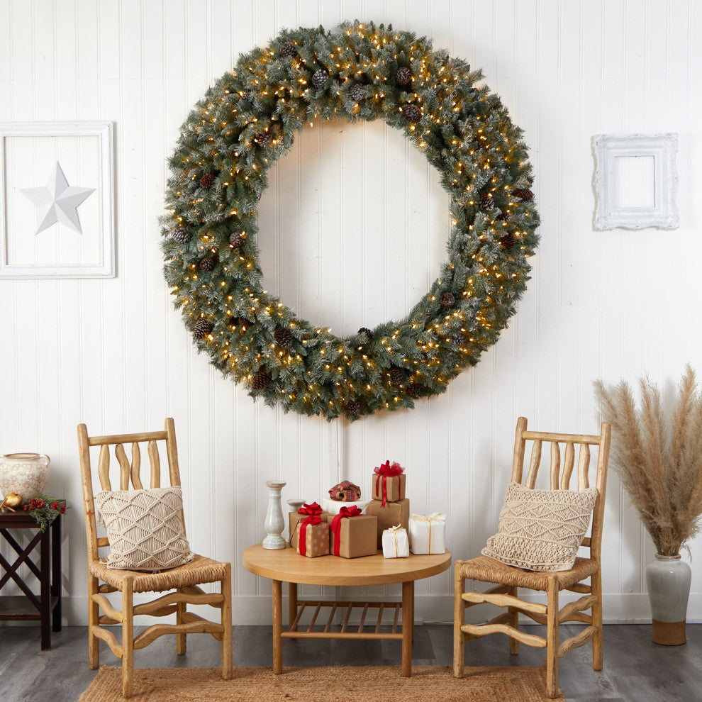 6' Giant Flocked Christmas Artificial Wreath With Pinecones, 600 Clear LEDs