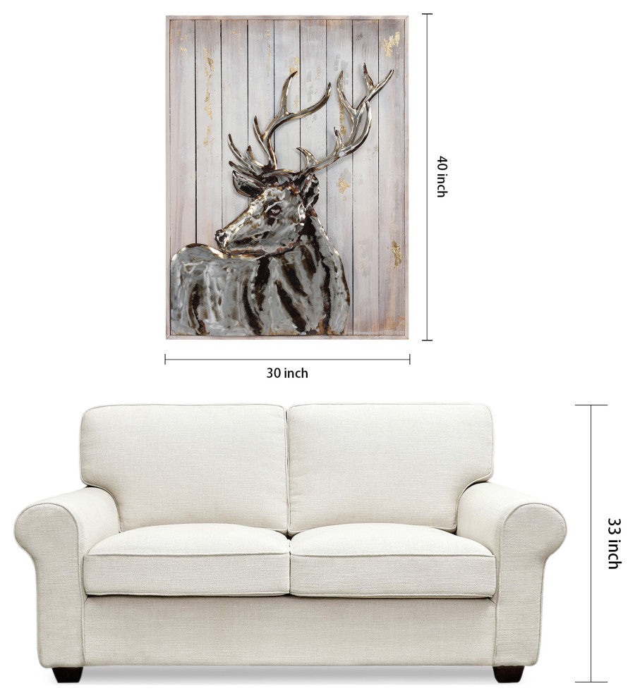 "Deer 2" Hand Painted Iron Wall Sculpture on Slatted Solid Wood Wall Art 40"x30"