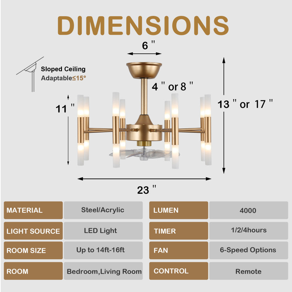 CurveCurio 24" Dark Gold Modern Ceiling Fan w 8 Lights