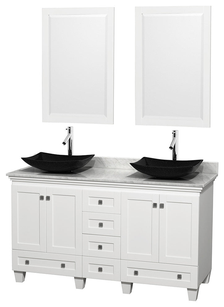 Acclaim White DBL Vanity, 24" Mirrors, 60", White Carrera Marble, Black Granite