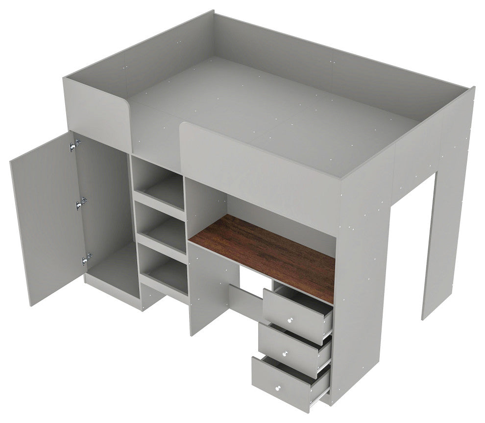 Gewnee Wood Full Size Loft Bed with Built-in Wardrobe