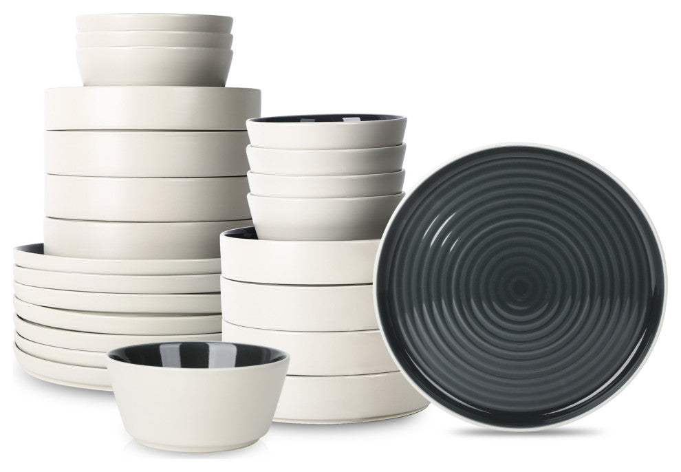 Stone Lain Elica Stoneware 24 Piece Dinnerware Set, Black and Beige