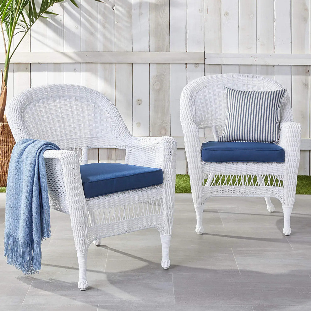 Outdoor Set of 2 Lounge Chairs, White Wicker Frame with Blue Cushions