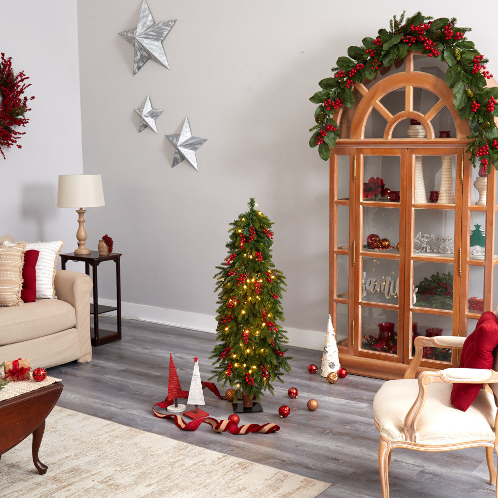 4' Victoria Fir Faux Xmas Tree W/ Lights, Berries & Bendable Branches