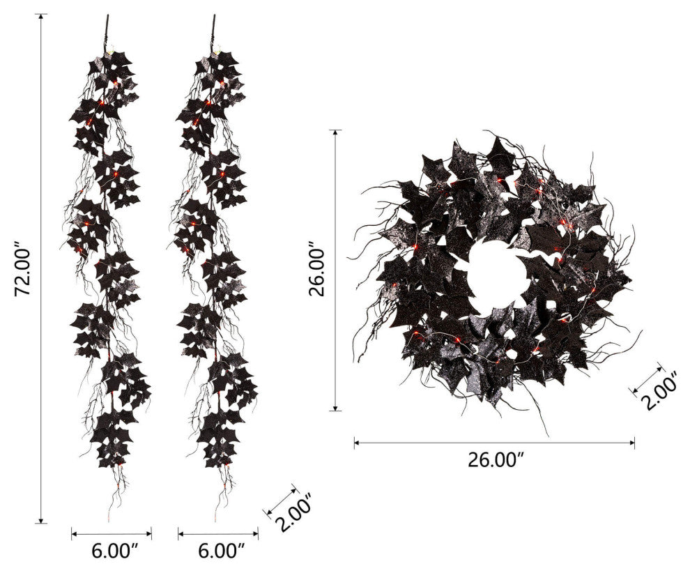 Lighted Halloween Bat Garland and Wreath, Swirling Pattern