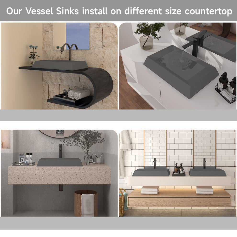 27in Bathroom Concrete Rectangular Vessel Sink with Drainer, Black Earth