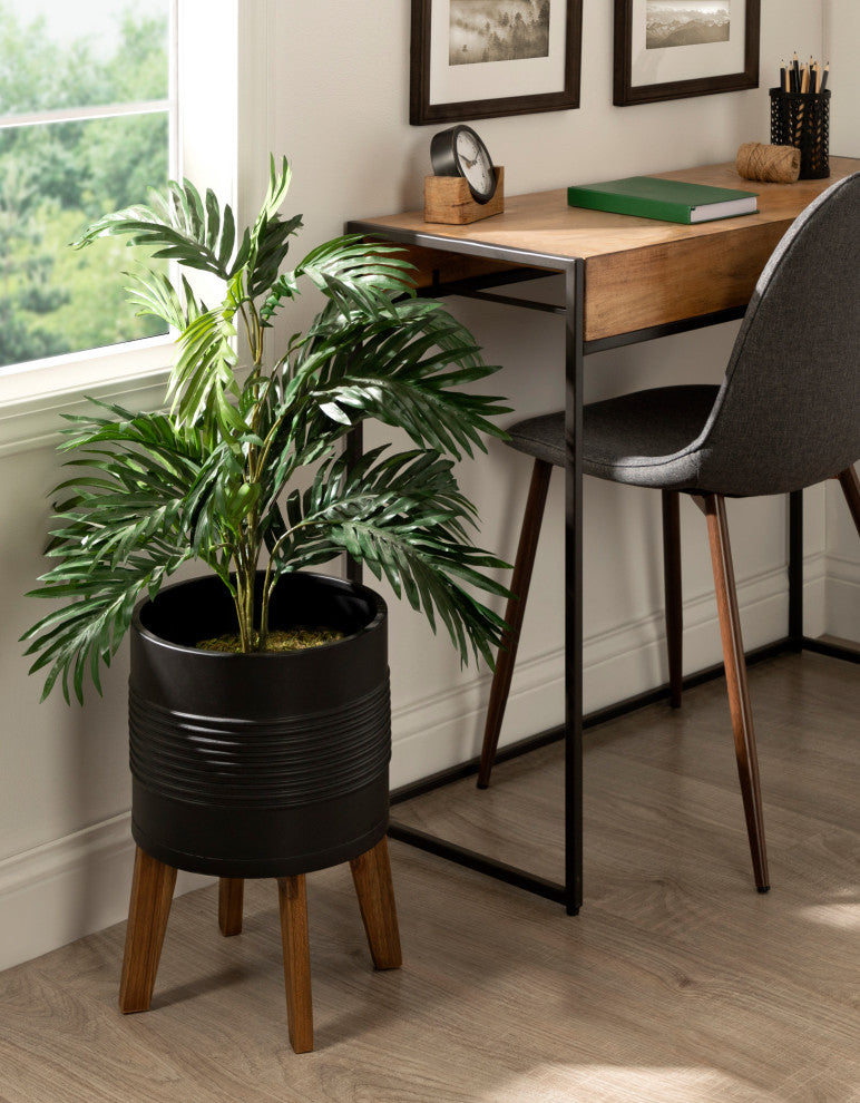 Gavri Metal Planter with Wood Stand, Black 11.25" Diameter