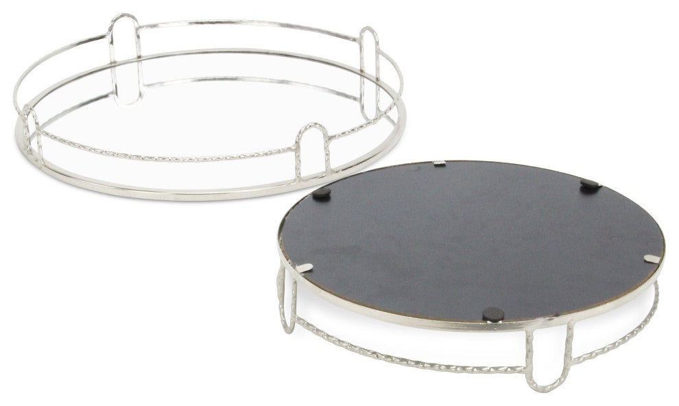 Mianzi Round Quilted Rim Silver Metal Trays (Set of 2)