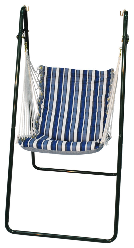 Swing Chair and Stand Combination, Tropical Palm Stripe Blue, Black Frame