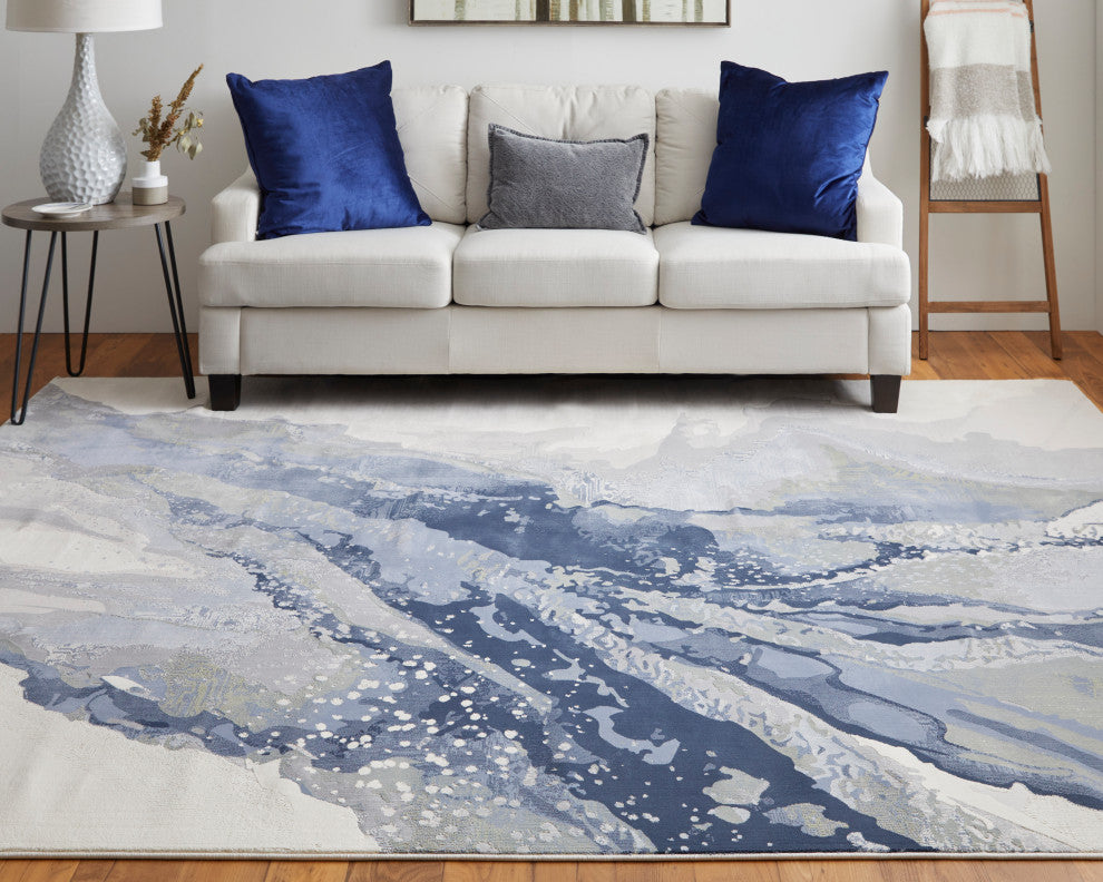 Takara Modern Abstract, Blue/Gray/Ivory, 9'x12' Area Rug