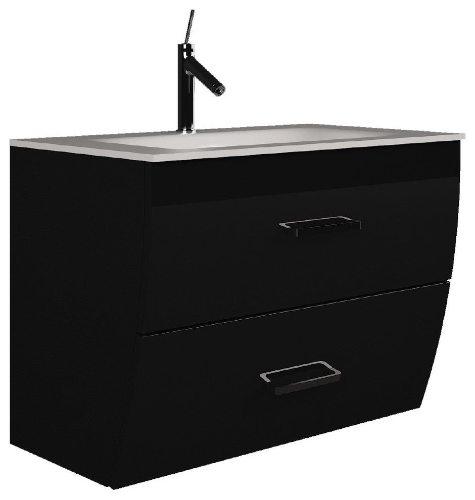 Wave Bathroom Vanity Gloss and Matte Sink Console, Black, 32", Without Mirror